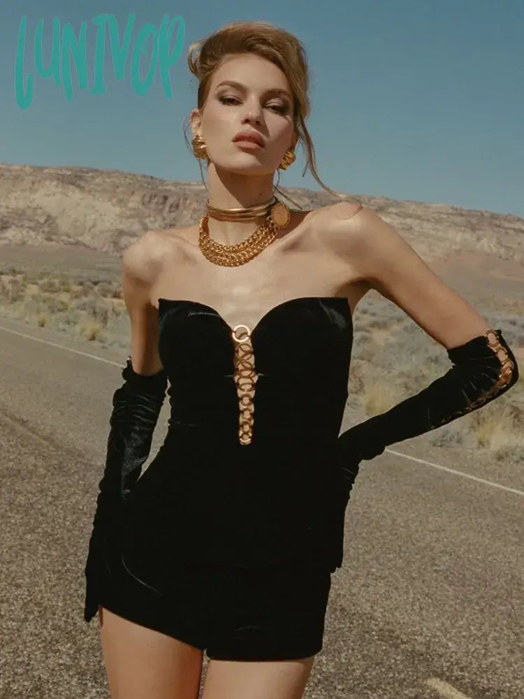 Sultry-chicLunivop Luxury Women Winter Sexy Strapless Backless Circle Sequined Black Mini Skirt Set Elegant Evening Club Party Outfits