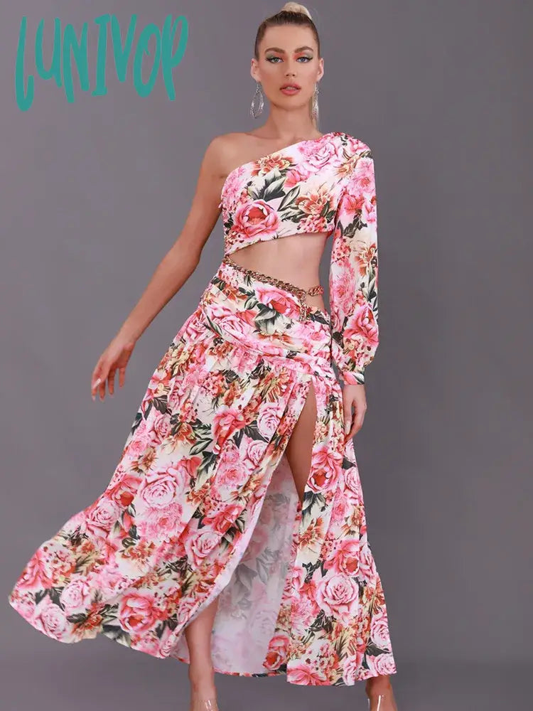 Ocean breeze readyLunivop New Women Summer Sexy Single Sleeve Chain Floral Split Ankle Length Dress Elegant Evening Celebrity Party Club Dress