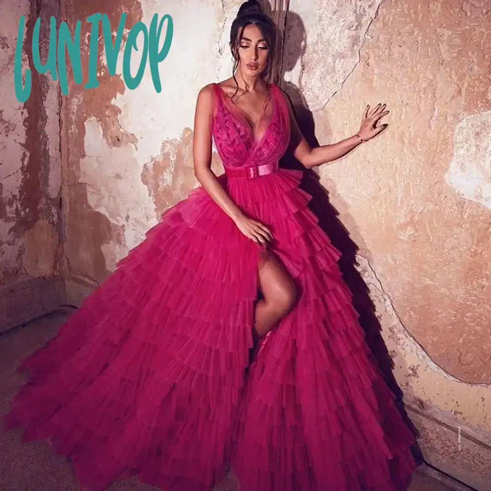 GracefulLunivop Rose Red Deep V-neck Prom Dresses 2024 Women's Puffy Prom Ball Gowns Thigh Slits Lace Mesh Cake Formal Occasion Robe GracefulLunivop Rose Red Deep V-neck Prom Dresses 2024 Women's Puffy Prom Ball Gowns Thigh Slits Lace Mesh Cake Formal Occasion Robe