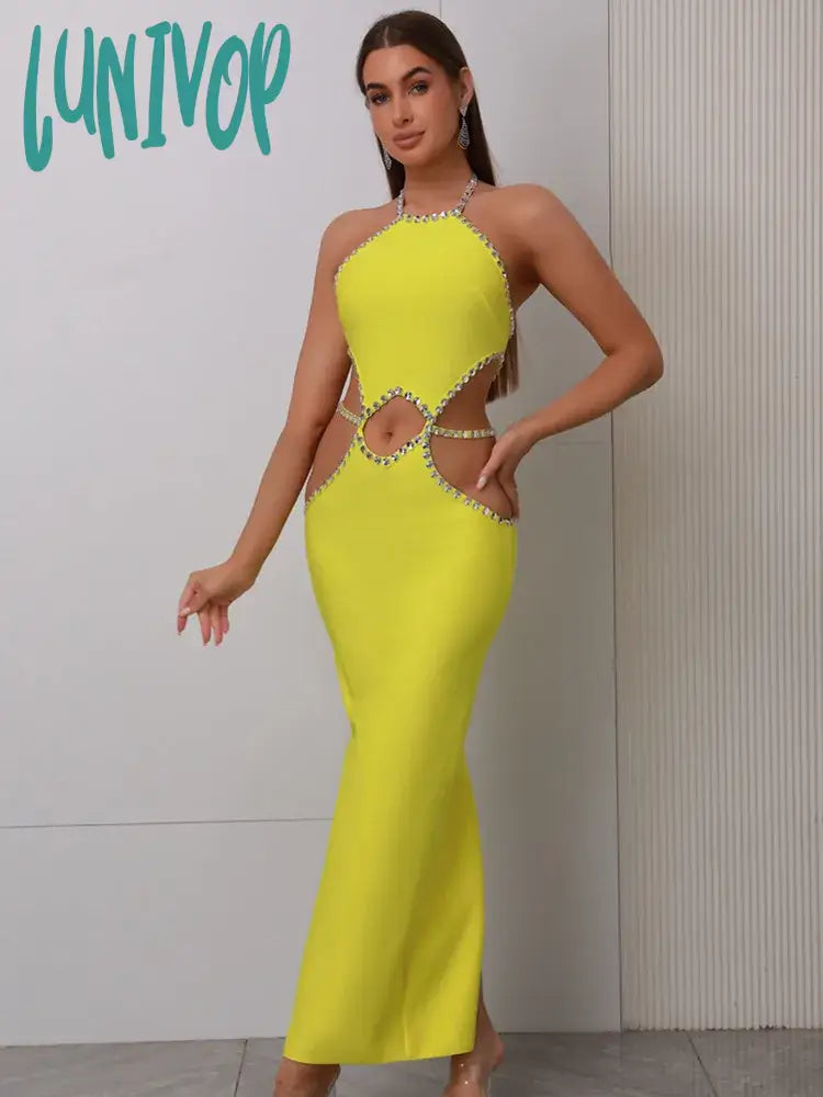 TrendyLunivop Women Celebrity Sexy Backless Halter Beading Maxi Long Lemon Yellow Bandage Dress Elegant Evening Club Party Dress