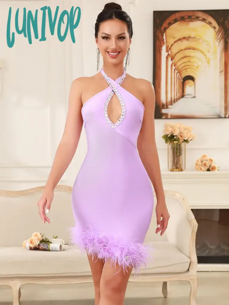 ModishLunivop Women Celebrity Sexy Backless Halter Purple Black White Feather Mini Bandage Dress 2024 Knitted Elegant Evening Club Party Dress