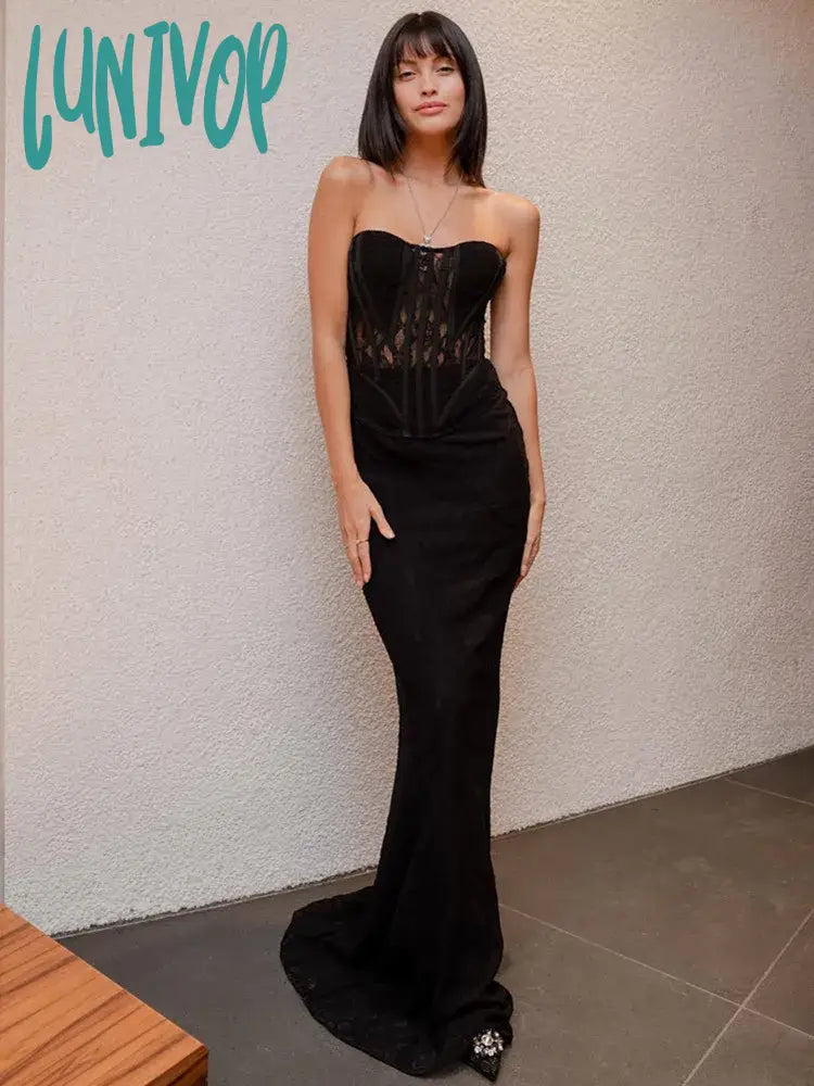 Minimalist-streetLunivop Women Celebrity Sexy Strapless Backless Lace Black Maxi Long Skirt Bandage Set Elegant Evening Club Party Outfits Minimalist-streetLunivop Women Celebrity Sexy Strapless Backless Lace Black Maxi Long Skirt Bandage Set Elegant Evening Club Party Outfits