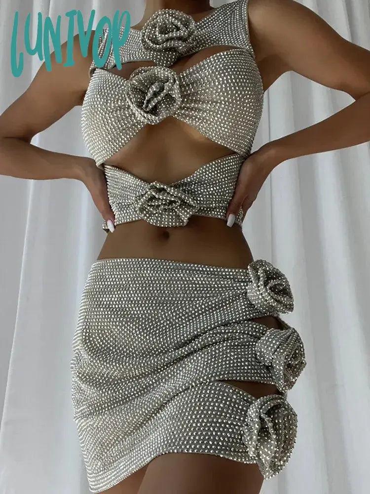 Effortlessly enchantingLunivop Women Luxury Sexy O Neck Flower Diamonds Cut Out Silver Gold Pink Mini Skirt Set Knitted Elegant Evening Club Party Dress