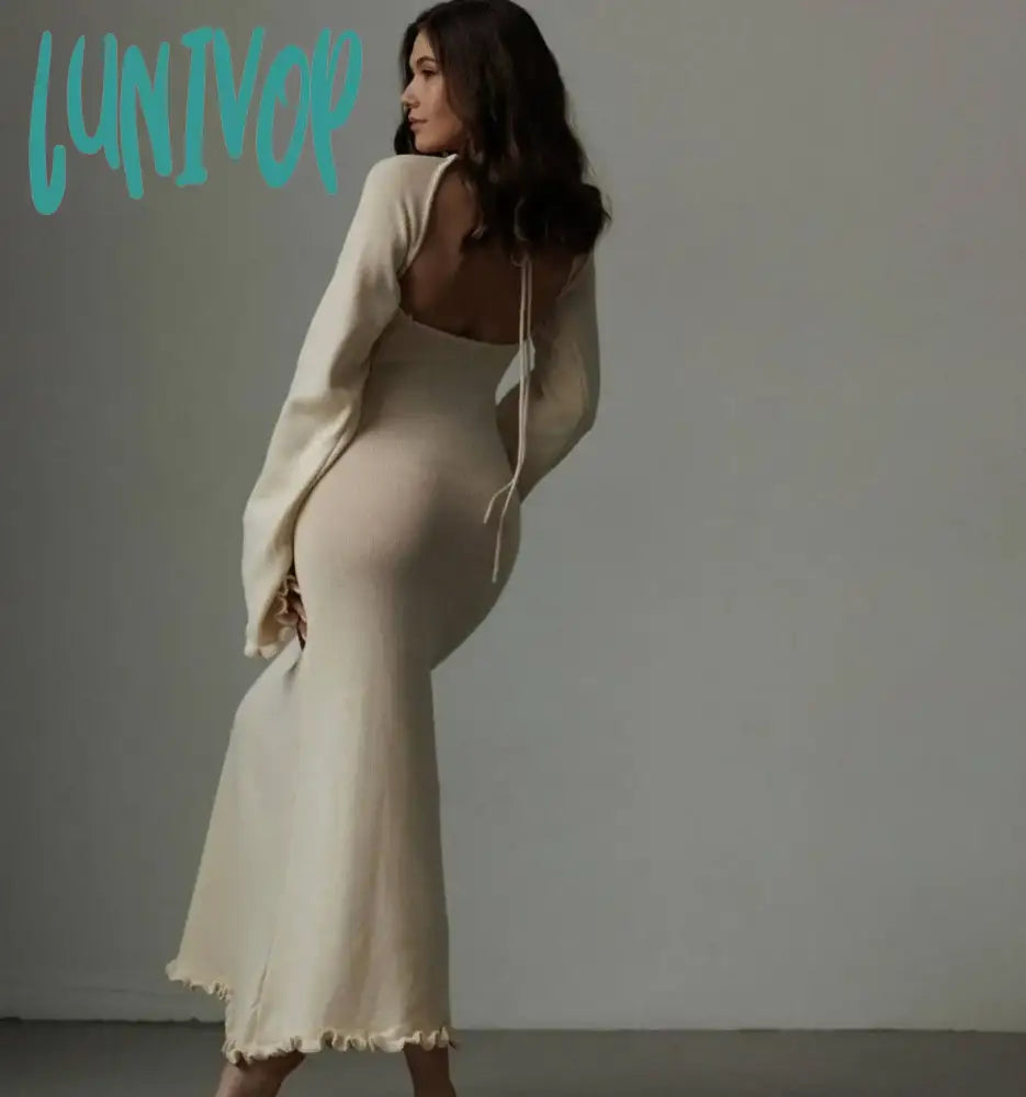 Soft & flowyLunivop Women Sexy Solid Cotton Maxi Dress Elegant O-Neck Backless Lace Up Flare Sleeve High Waist Dresses Fashion Evening Party Dress
