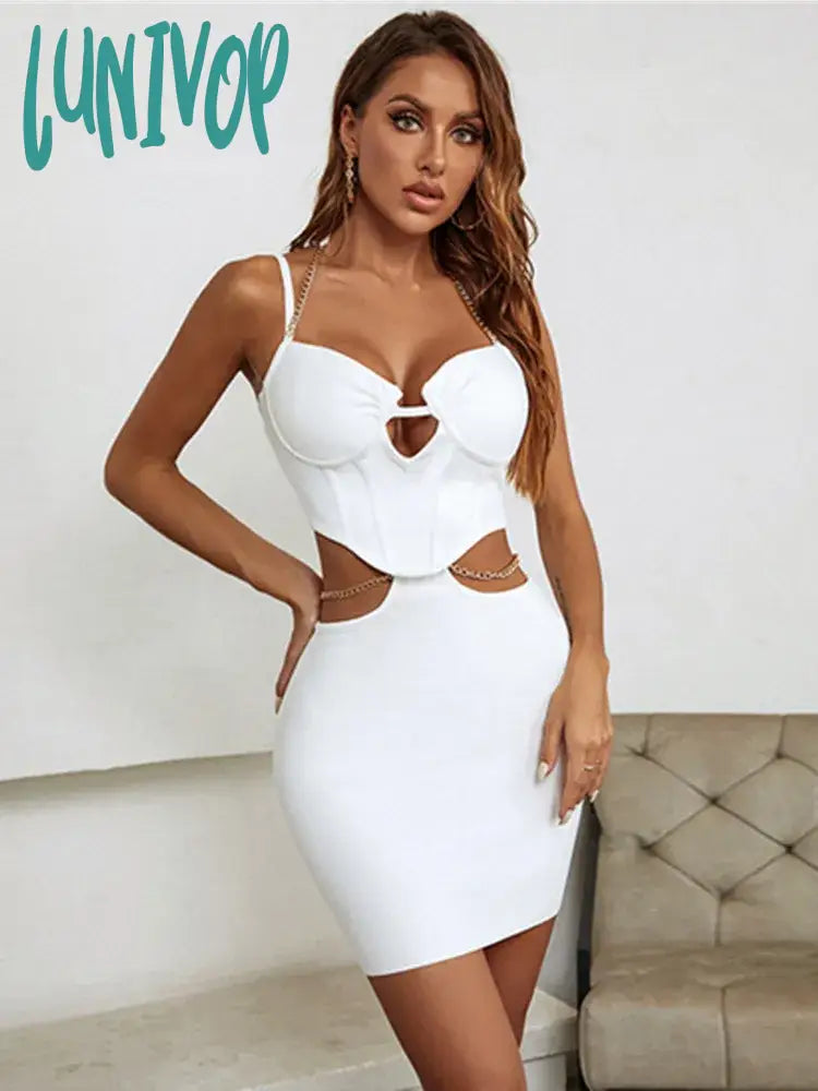 Business-chicLunivop Women Summer Sexy Backless Chain Cut Out White Pink Two Piece Mini Bandage Set Evening Party Women's Set Business-chicLunivop Women Summer Sexy Backless Chain Cut Out White Pink Two Piece Mini Bandage Set Evening Party Women's Set