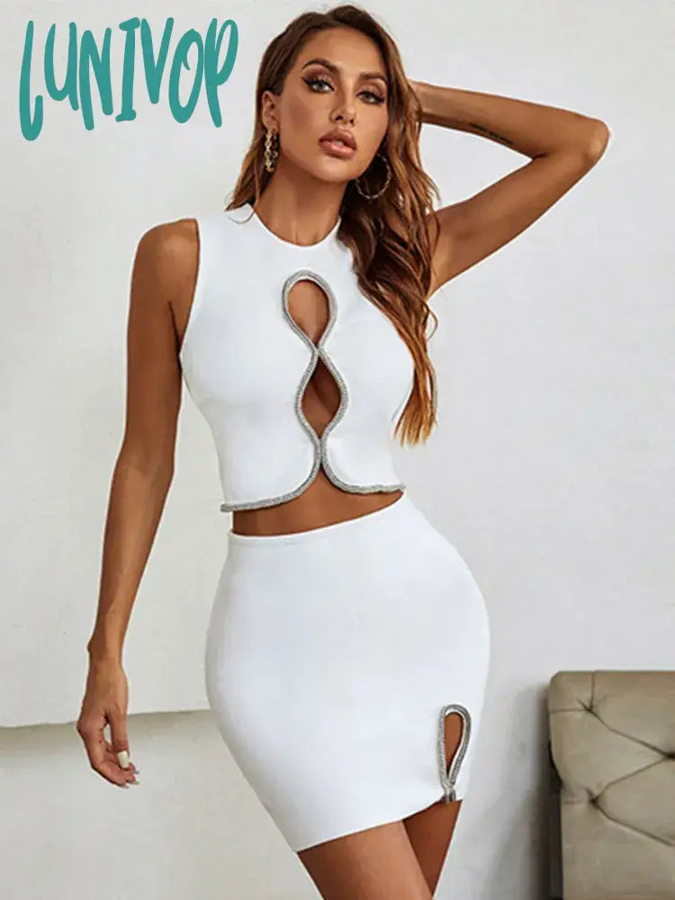 VogueLunivop Women Summer Sexy Key Hole Diamonds White Crystal Two Piece Mini Bandage Set Evening Party Women's Set