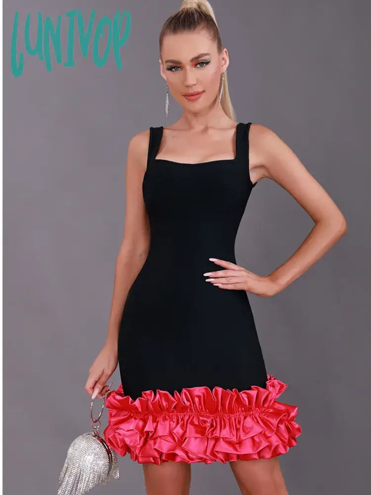 Breezy chicLunivop Women Summer Sexy Tank Backless Satin Ruffles Black Pink Midi Bandage Dress Elegant Evening Celebrity Party Club Dress