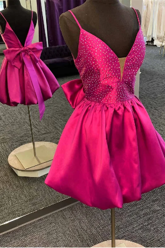 Moto-inspiredMagenta Beaded V-Neck Bow Back A-Line Short Homecoming Dress gh1431