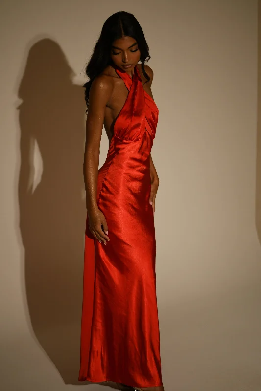 Royal-worthyMarvelle Satin Halter Maxi Dress - Vermilion Red