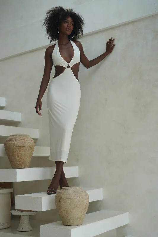 Monochrome-coolNatalie Halter Neck Cut Out Midi Dress - Bone