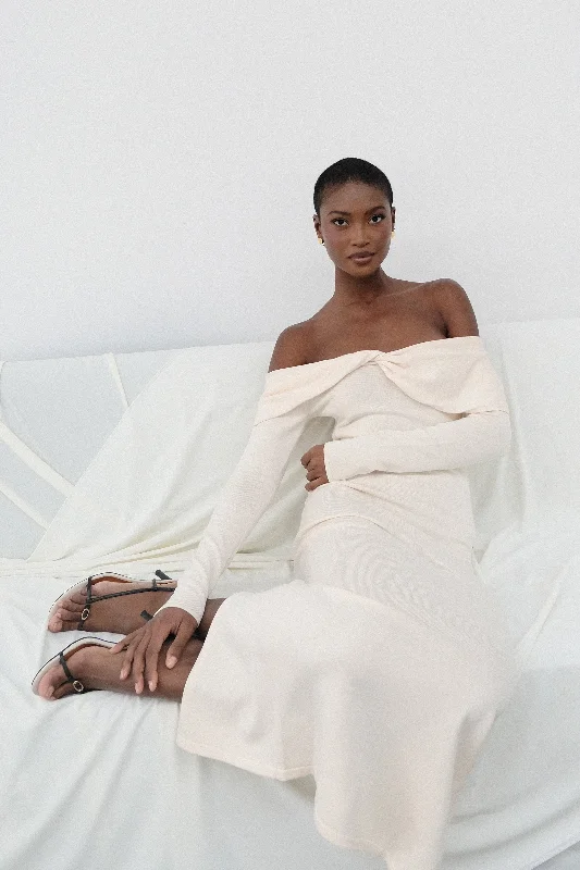 Rocker-chicOdyssey Off Shoulder Knit Maxi Dress - Ivory