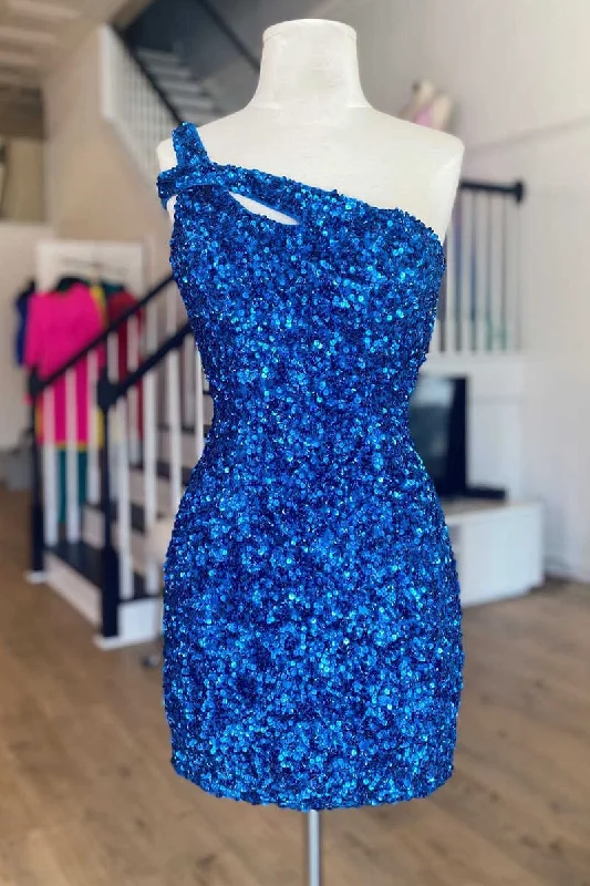 Avant-gardeOne-Shoulder Hot Pink Sequin Keyhole Mini Homecoming Dress gh1357
