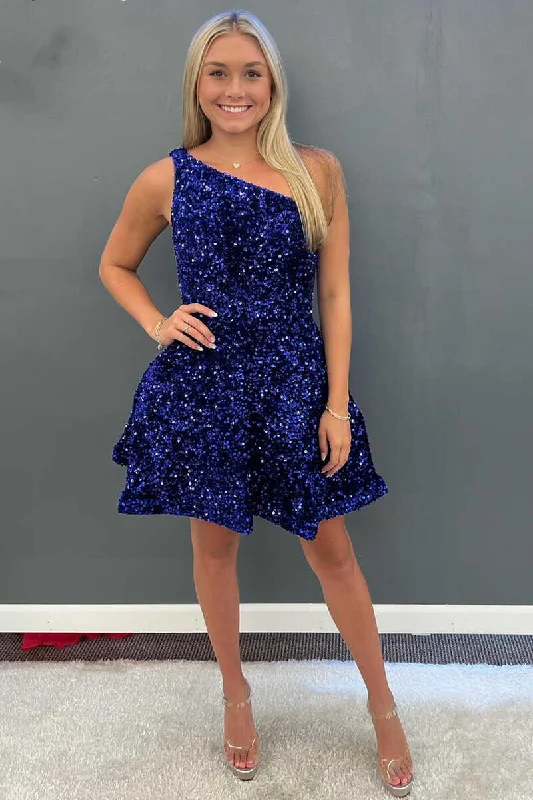 Elegant simplicityOne-Shoulder Royal Blue Sequins A-Line Short Homecoming Dress  gh1378