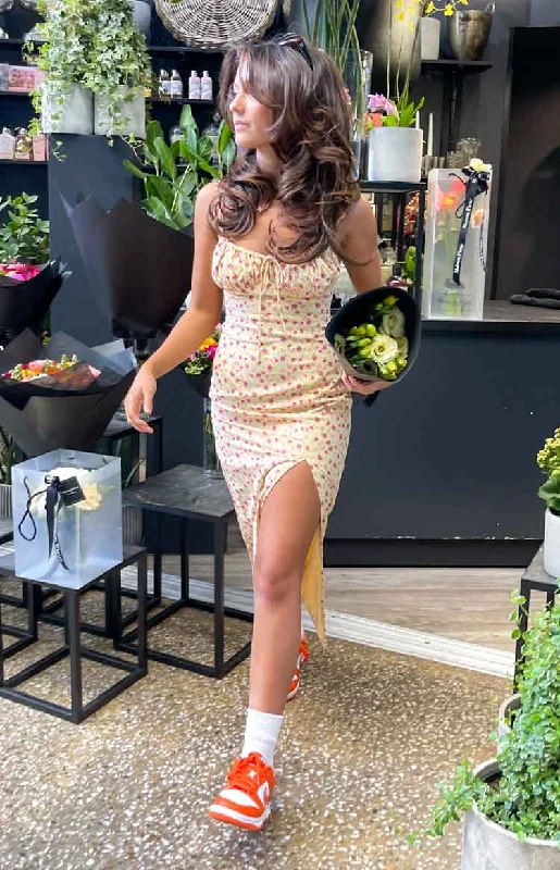 Sunlit beautyPaloma Yellow Floral Midi Dress