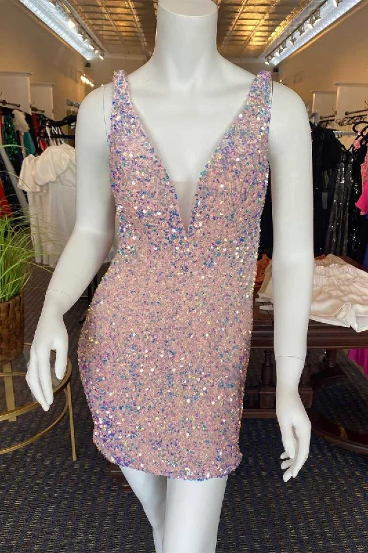 Old-moneyPurple Sequins Plunge Mini Homecoming Dress gh1448