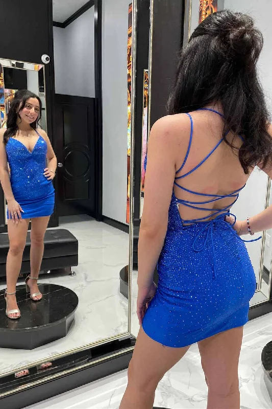 Laid-back-stylishRoyal Blue Beaded Lace-Up Fitted Mini Homecoming Dressgh1439