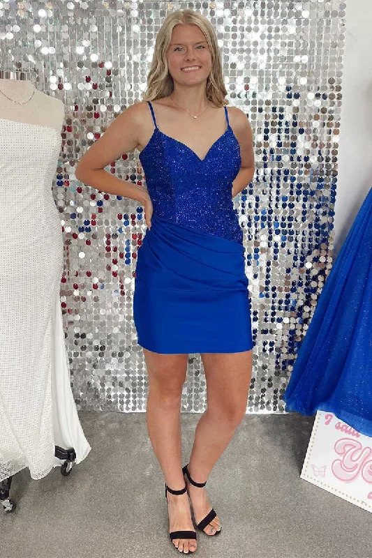 Whimsical charmRoyal Blue Beaded Spaghetti Straps Ruched Mini Homecoming Dress gh1374