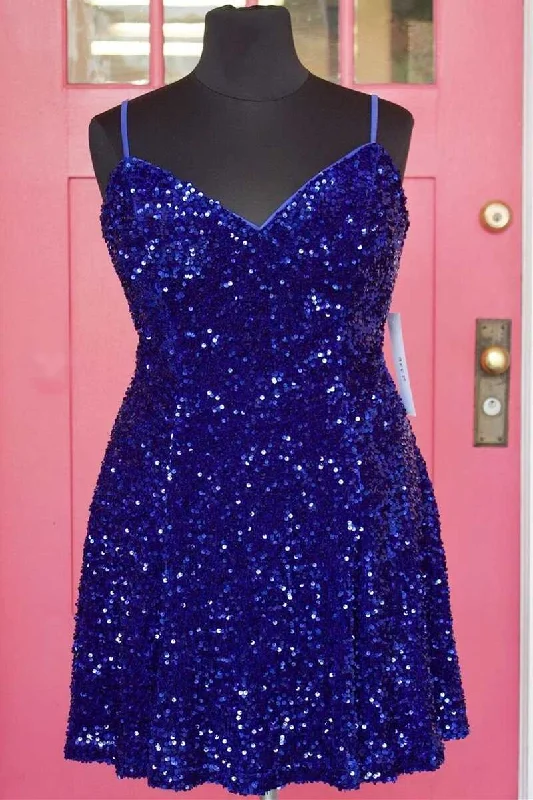 MinimalistRoyal Blue Sequin V-Neck Straps Lace-Up Back Homecoming Dress gh1456