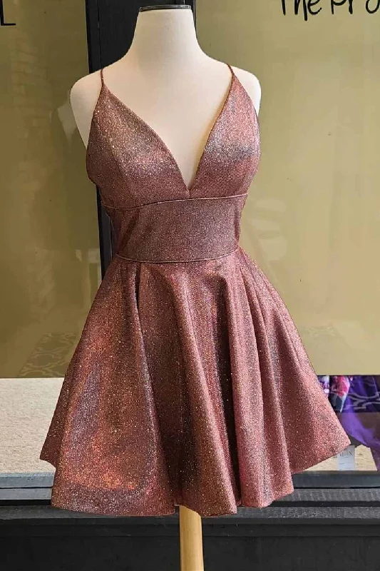 ModernRust Red Sequin V-Neck A-Line Homecoming Dress gh1464