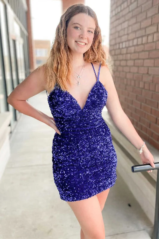 British-inspiredSequin V-Neck Lace-Up Mini Homecoming Dress  gh1347