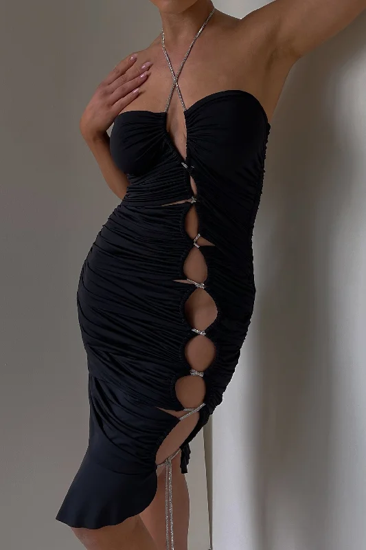 Elegant-neutralShelby Diamante Rope Halter Asymmetric Hem Dress - Black