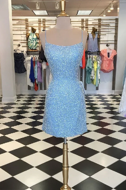 SleekSky Blue Sequin Lace-Up Back Short Dress gh1470