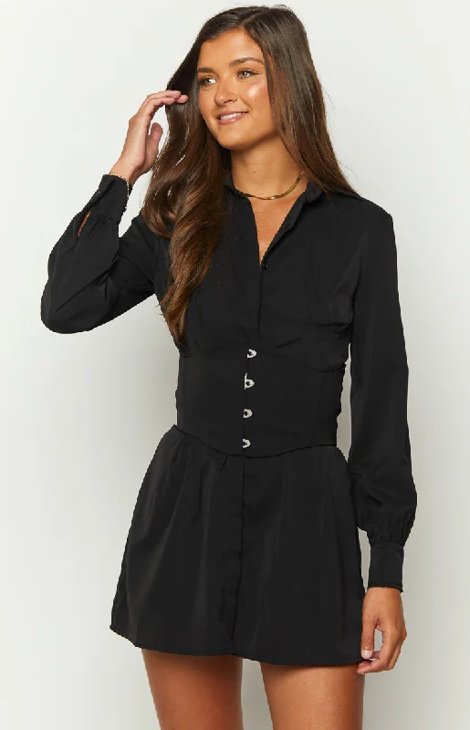 Military-inspiredSocial Black Mini Shirt Dress