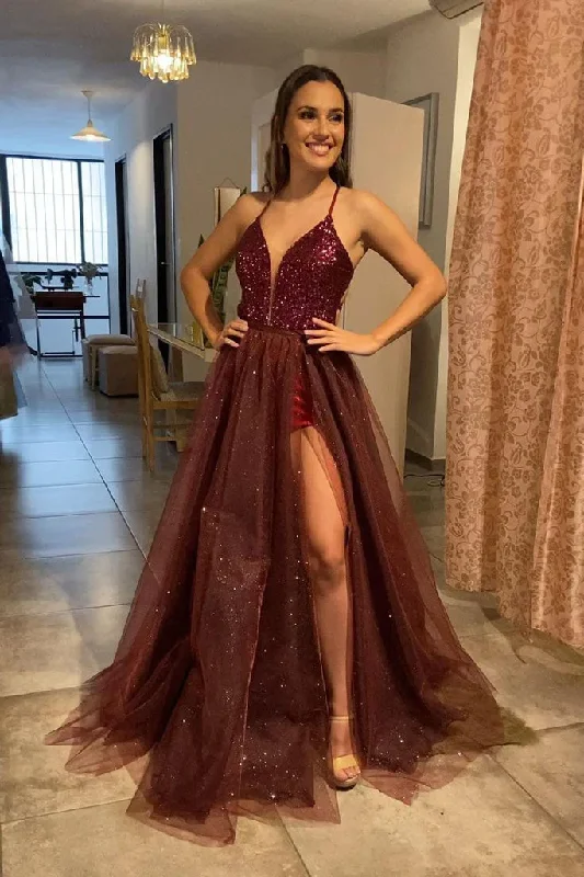 TimelessSpaghetti Straps A Line Burgundy Tulle Long Prom Dresses With Slit gh2443