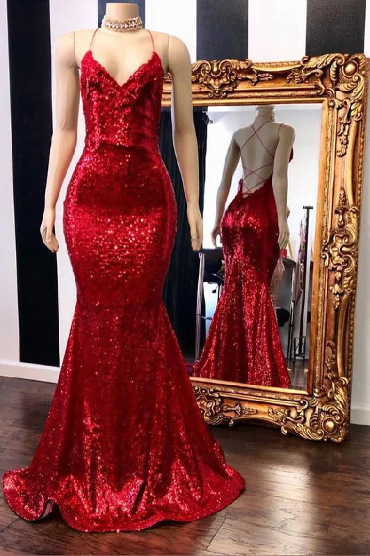 Desert-chicSpaghetti Straps Sequins Mermaid Long Red Prom Dress  gh2455
