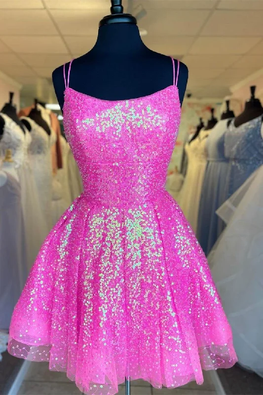 Boho-luxeSparkle A-line Barbie Pink Sequins Short Party Dress gh1482