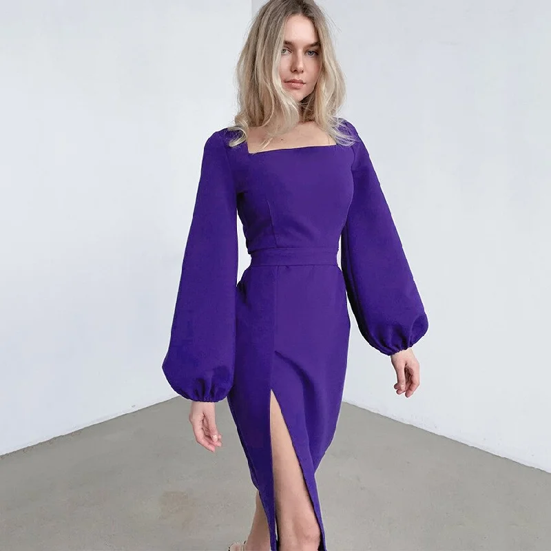Casual-luxeSquare Collar Slit Midi Dress