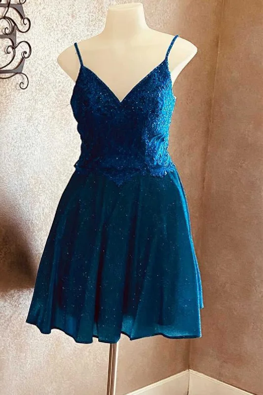Futuristic-silhouettesStunning Blue V-Neck A-Line Short Homecoming Dress gh1412