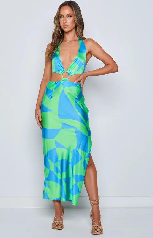 Goddess-likeUnderwater Green Print Midi Dress