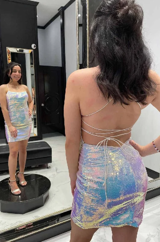 Hip-hop-inspiredWhite Iridescent Sequin Lace-Up Mini Homecoming Dress gh1442