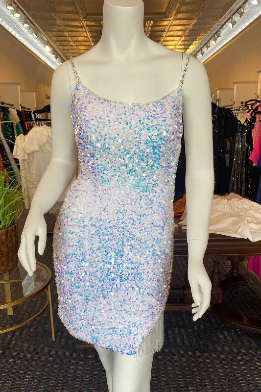 Chic-effortlessWhite Iridescent Sequin Straps Tassel Mini Party Dress gh1338