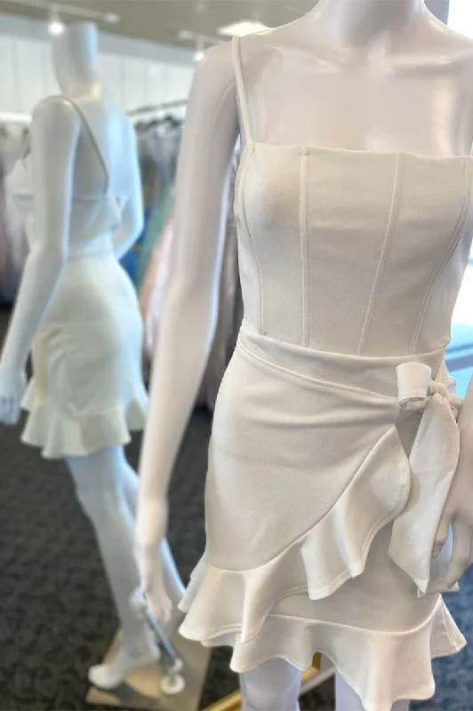 Sleek-modernWhite Spaghetti Straps Ruffle Short Homecoming Dress gh1424