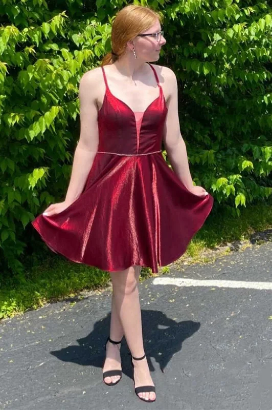 Island eleganceWine Red Plunge Neck Backless A-Line Short Homecoming Dress  gh1364