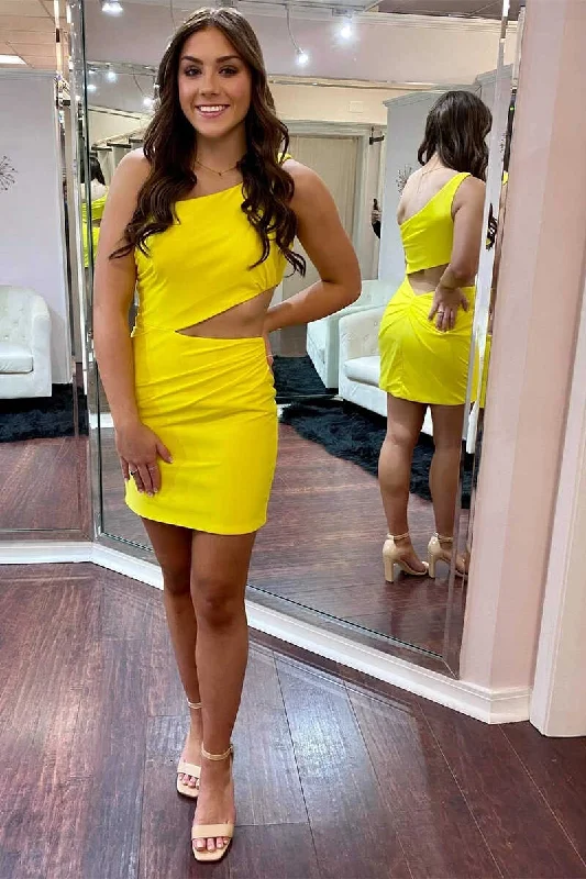 Feminine & refinedYellow One-Shoulder Cutout Fitted Homecoming Dress gh1391