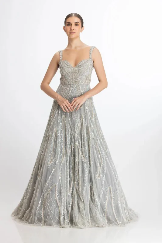 Whimsical charmSilver blue flare gown