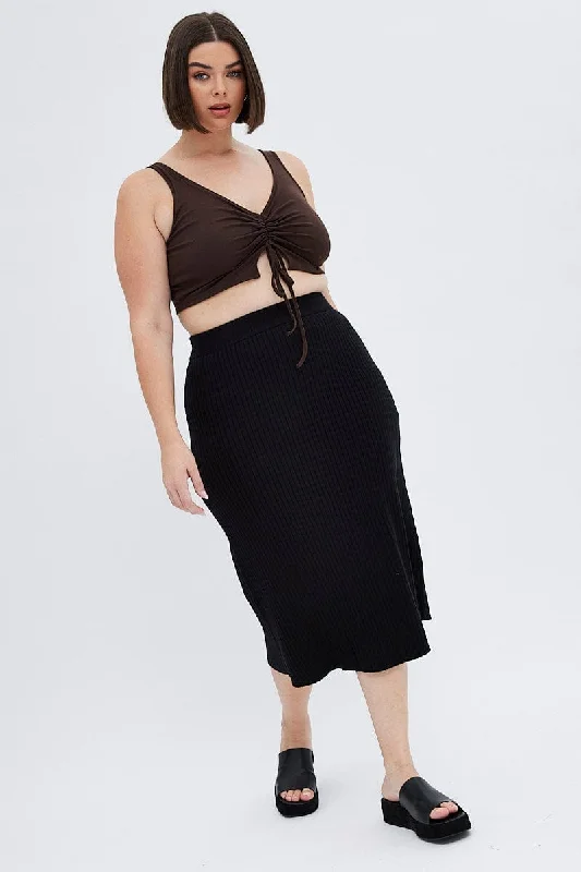 Graceful movementBlack Knit Skirt Elastic Waist Midi Flare Rib