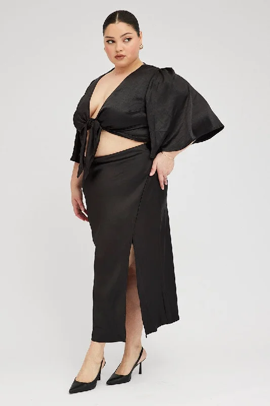 Flower-adornedBlack Midi Skirt Satin Split Flare