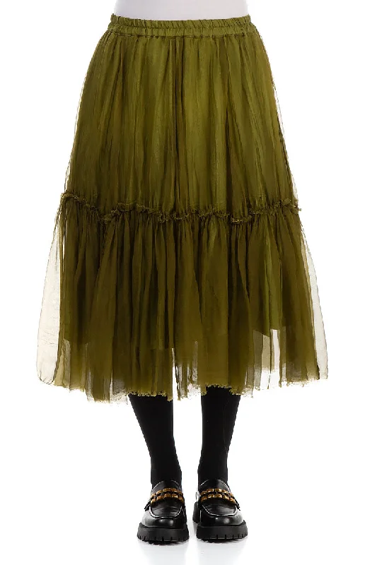 Old-schoolFlared Ruffle Golden Lime Silk Chiffon Midi Skirt