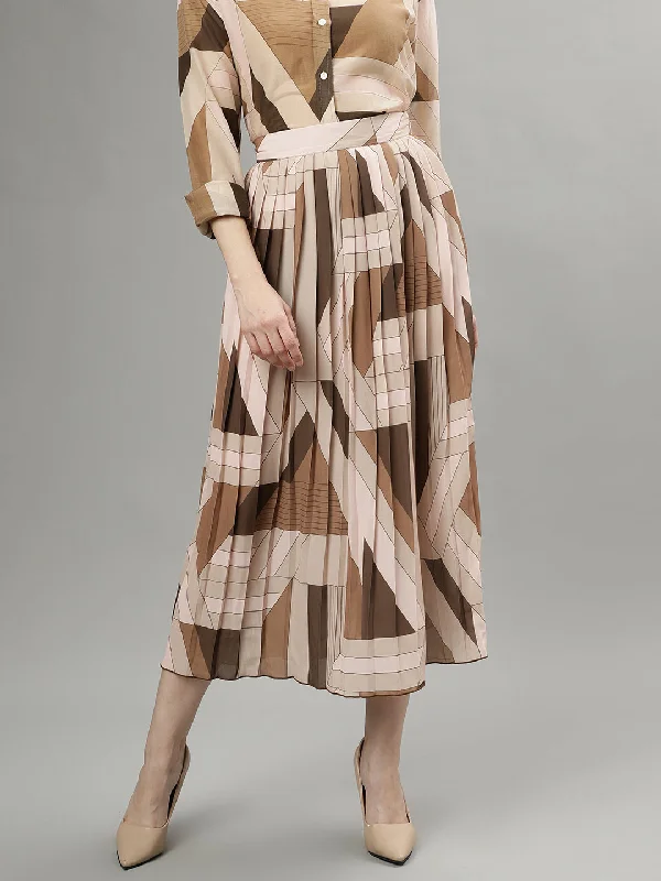 Light & airyGant Women Brown Printed Midi Flared Skirt