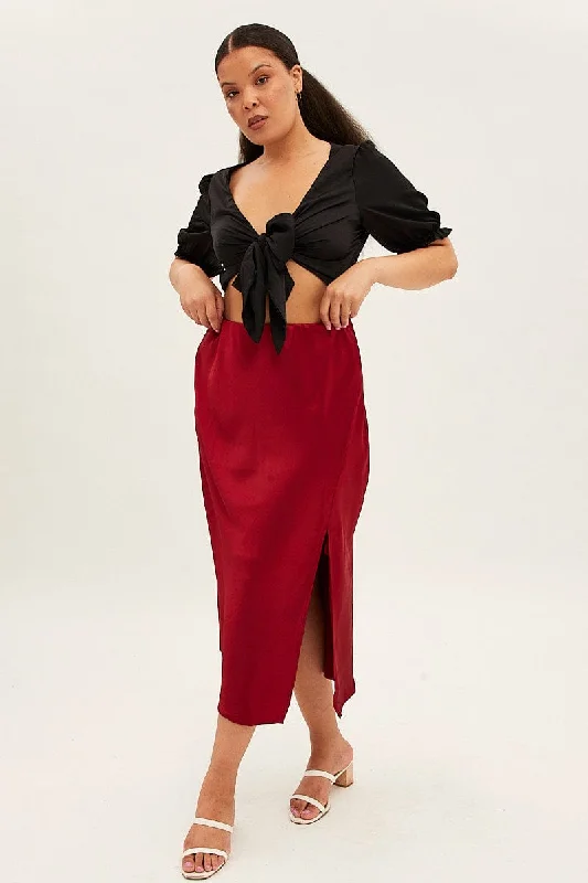 Tropical romanceRed Midi Skirt Satin Split Flare