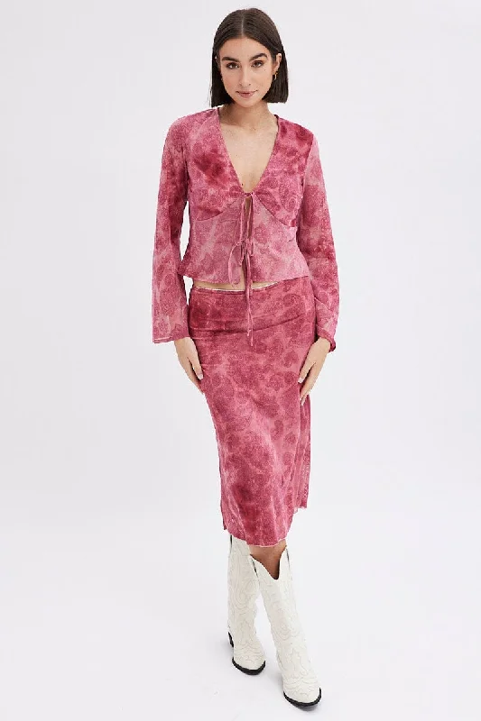 Sun-drenched styleRed Paisley Midi Skirt High Rise Fit & Flare Mesh Lined
