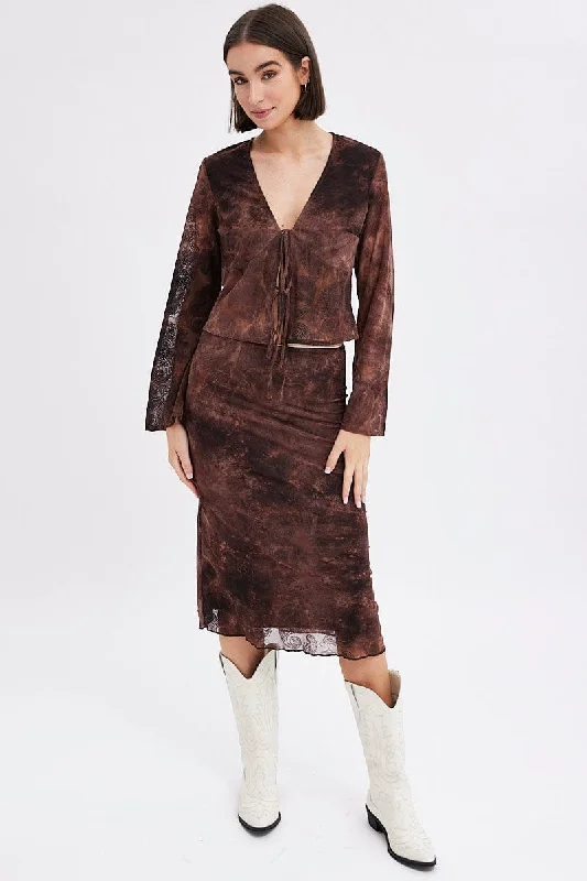 Seaside sophisticationRed Paisley Midi Skirt High Rise Fit & Flare Mesh Lined