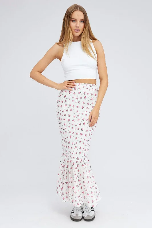 Desert-chicWhite Floral Maxi Skirt High Waist Fit & Flare Elastic Waist