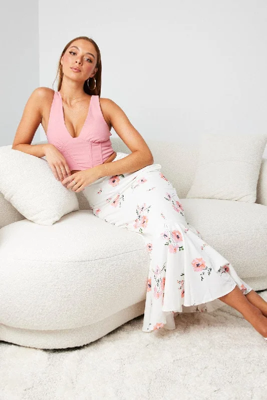 Sun-kissed glamourWhite Floral Maxi Skirt High Waist Fit & Flare