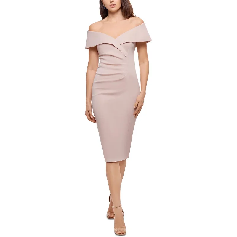 Ethereal eleganceX by Xscape Womens Petites Off-The-Shoulder Knee Sheath Dress