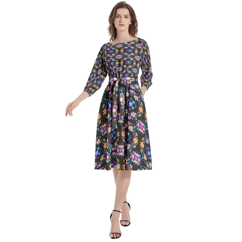 Monochrome-coolBoat Neck Belted Flared Dress